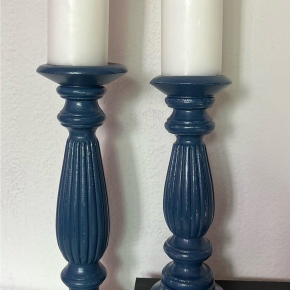 2 Blue Wooden Hand Painted Candle Holder Set Home Decor Rustic Modern Custom Mad - Picture 6 of 13